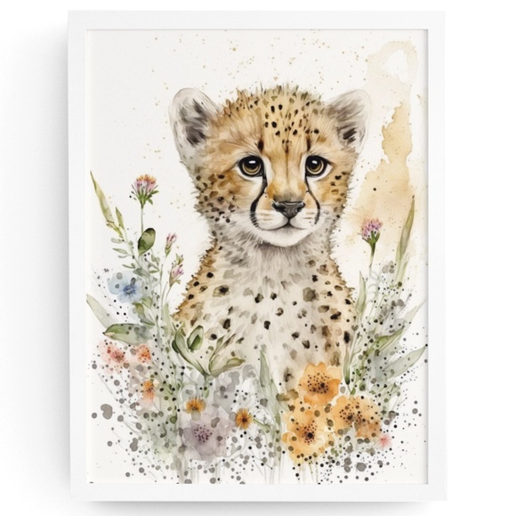 Other - Cute Floral Cheetah Watercolor Wall Art Illustration Print Poster Card Unframed